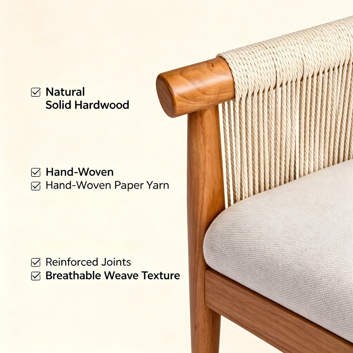 Accent Chair, Solid Hardwood Frame with Hand-Woven Paper Rope Arm, Mid-Century Modern Armchair with Soft Linen-Blend Cushion, Natural Wood Finish for Living Room, Bedroom, Reading Nook, Entryway