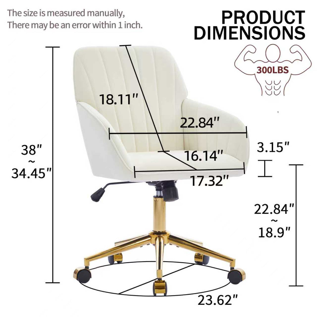 TY Ergonomic Swivel Office Chair, Adjustable and Comfortable, Beige Velvet Upholstery, 24.60 x 22.84 x 38.00 inches
