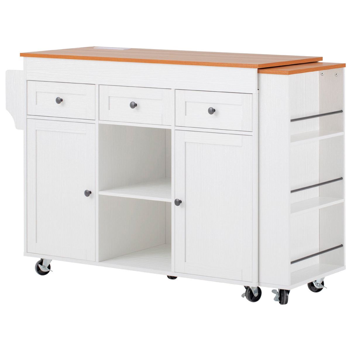 K&K 85.5" Kitchen Island with Extendable Dining Table, Kitchen Storage Table with 3 Side Open Shelves – White