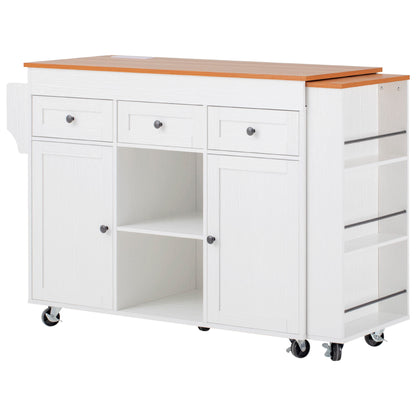 K&K 85.5" Kitchen Island with Extendable Dining Table, Kitchen Storage Table with 3 Side Open Shelves – White