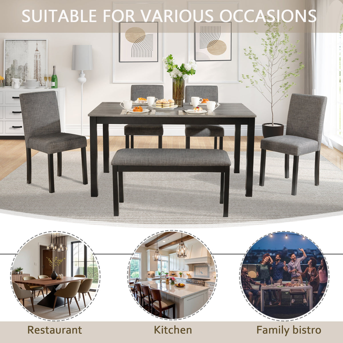 Modern 6-Piece Dining Table Set with Bench and Chairs for Dining Room or Kitchen - Light Grey & Black Two-Tone