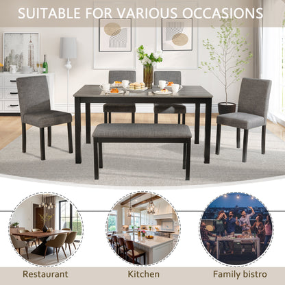 Modern 6-Piece Dining Table Set with Bench and Chairs for Dining Room or Kitchen - Light Grey & Black Two-Tone