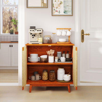 Mid Century Boho Freestanding Accent Cabinet, Handmade Paper Rope Woven Push-to-Open Double Doors, , Adjustable  Shelf, Sideboard Storage Cabinet for Kitchen Entryway  Living Room