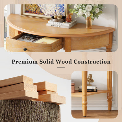 TREXM Farmhouse Half Moon Console Table with Drawer & Shelf - Rustic Accent Table, Sofa Table, Hallway and Foyer (Natural)