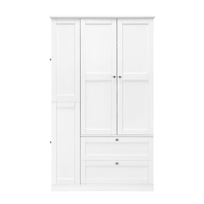 TOPMAX 73.6" Tall Farmhouse Kitchen Pantry Cabinet with 8 Shelves, 2 Drawers, 3 Pull-Out Trays, 4 Doors and Side Cabinets, White