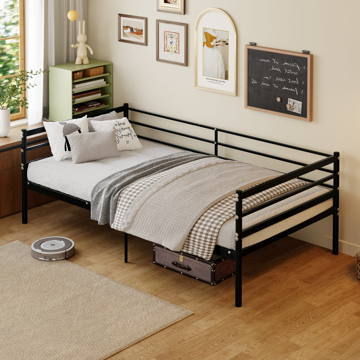 Twin Metal Bed Frame, Heavy-Duty Steel Platform Bed with 11.8-Inch Guardrails, 600 lb Capacity, 10.94-Inch Under-Bed Clearance, No Box Spring Needed, Black