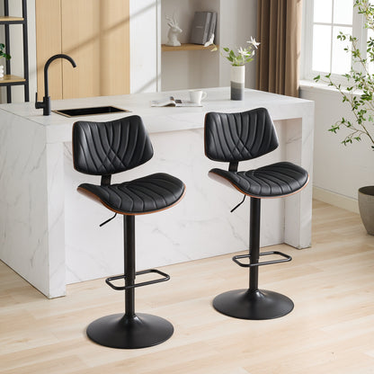 Walnut Bentwood Bar Stools Mid Century Modern Adjustable Counter Height Black Leather Upholstered 360°Swivel Bar Chairs for Kitchen – Model W1143P173514