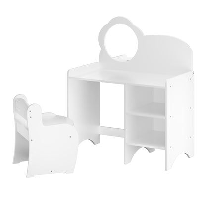 Kids Vanity Table with Mirror and Chair, Wooden Children's Dressing Makeup Desk with Storage Shelves