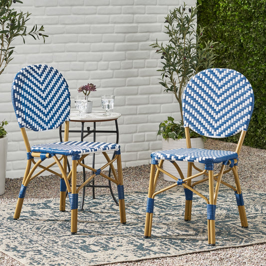 Outdoor PE Ratten and Aluminum French Armless Bistro Chairs, Set of 2, Navy Blue, Bamboo Print Finish