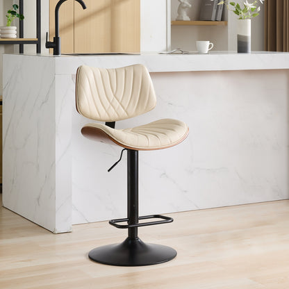 Walnut Bentwood Bar Stools Mid Century Modern Adjustable Counter Height Black Leather Upholstered 360°Swivel Bar Chairs for Kitchen – Beige