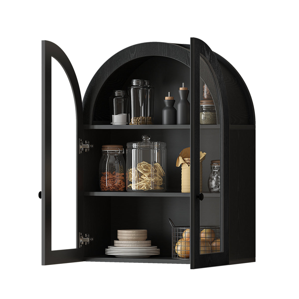 Arched Wall Mounted Cabinet, Wood Veneer Wall Storage Cabinet with Tempered Glass Doors, Adjustable Shelf, Easy Hanging Hardware Included, Decorative Floating Wall Cabinet for Laundry Room, Black