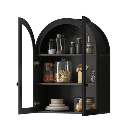 Arched Wall Mounted Cabinet, Wood Veneer Wall Storage Cabinet with Tempered Glass Doors, Adjustable Shelf, Easy Hanging Hardware Included, Decorative Floating Wall Cabinet for Laundry Room, Black