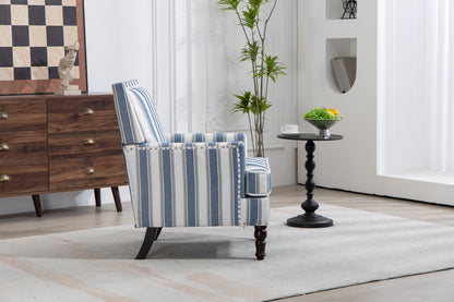 Upholstered Accent Chair, Vintage Armchair with Solid Wood Legs, Blue and White Striped Linen Fabric and Nailhead Trim for Living Room