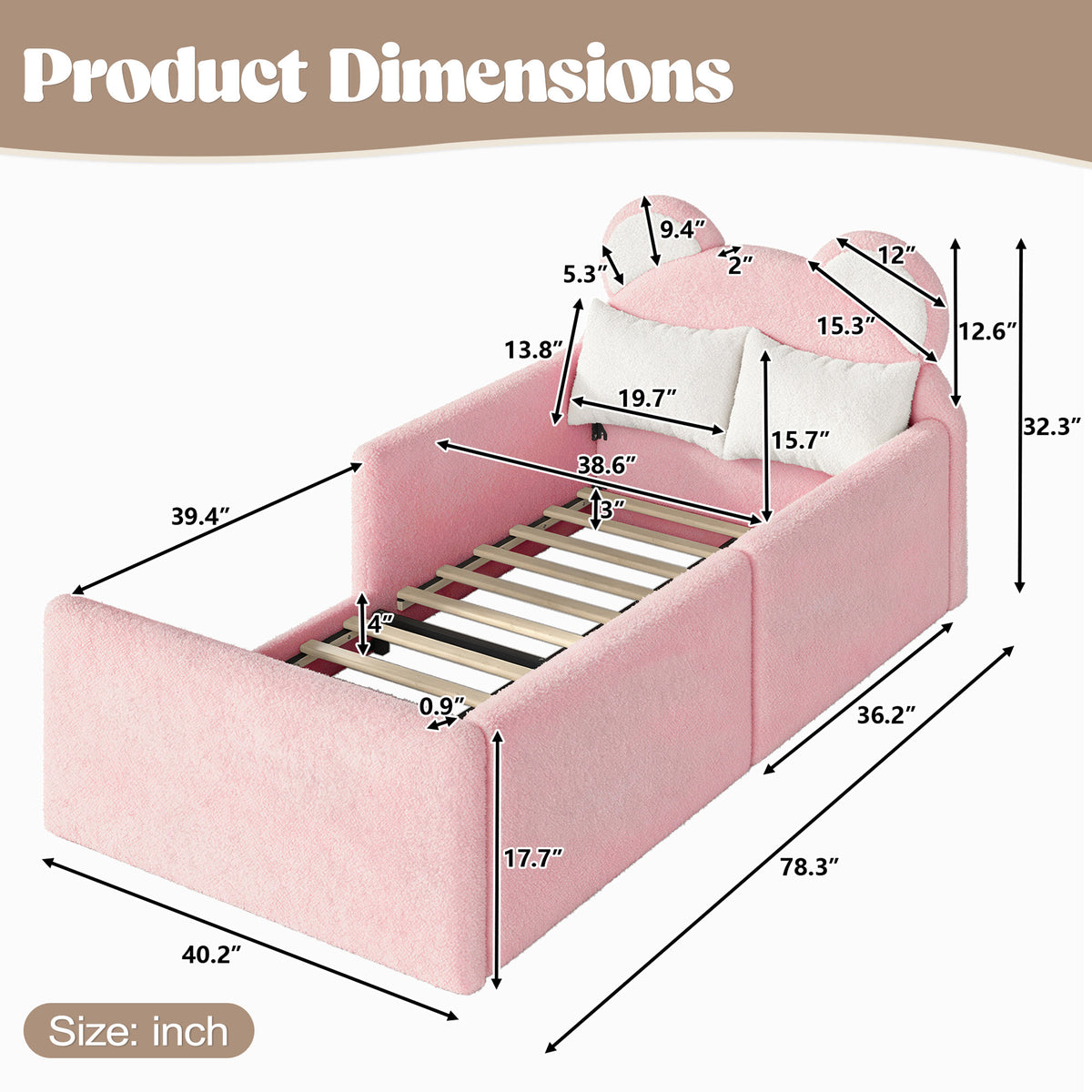 Twin Upholstered Kids Bed, Cute BearShaped Upholstered Floor bed, Children Bed Frame with Removable MagicTape Headboard, Low Floor Bed for Kids,White&Pink