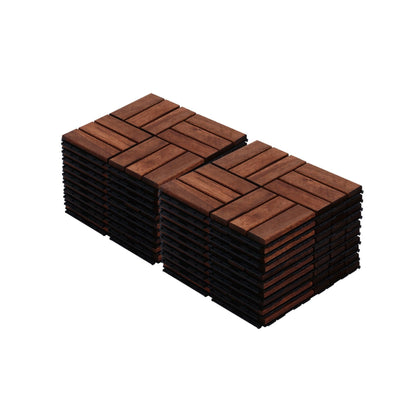 Acacia Wood Interlocking Deck Tiles Checker Pattern for Outdoor Flooring in Brown, 12' x 12' Square