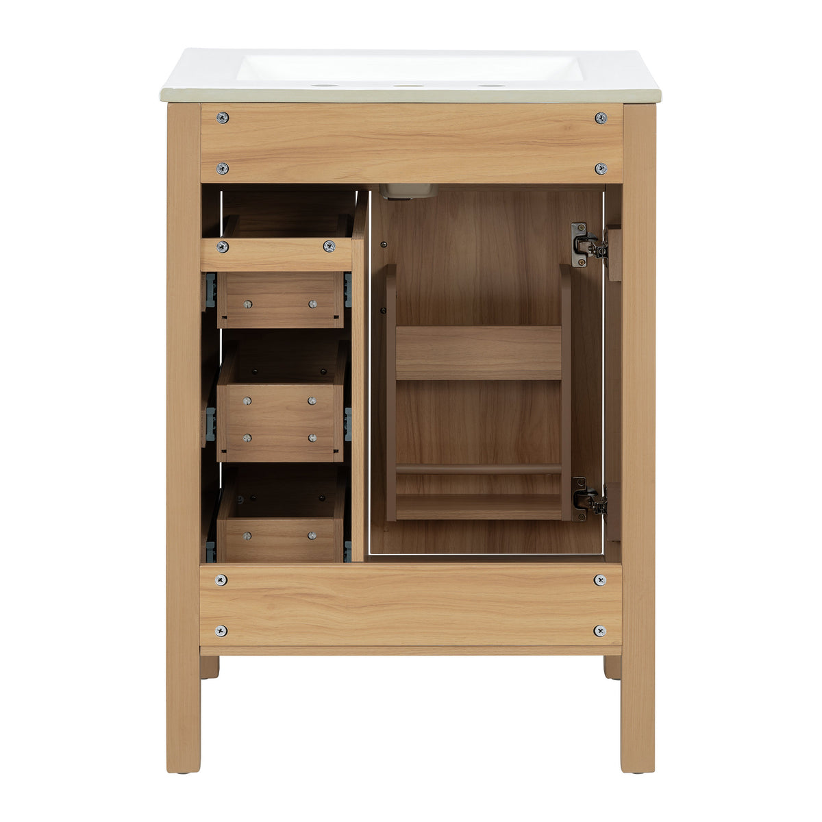 24 Inch Modern Traditional Bathroom Vanity with Ceramic Sink, MDF Cabinet & Solid Wood Legs, Black Zinc Alloy Handles, Wood Grain Melamine Finish