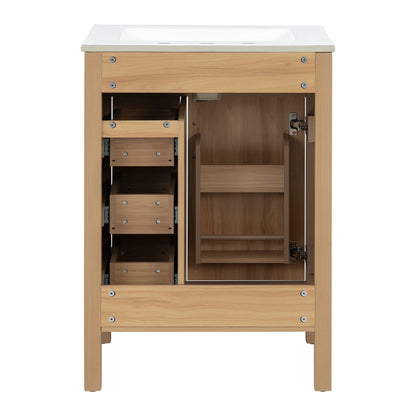 24 Inch Modern Traditional Bathroom Vanity with Ceramic Sink, MDF Cabinet & Solid Wood Legs, Black Zinc Alloy Handles, Wood Grain Melamine Finish