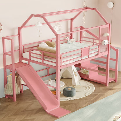 Full House Loft bed with Slide and Stairs, Metal Playhouse Bed with Storage Shelves, House-shaped Roof and Noise-free Design, Pink