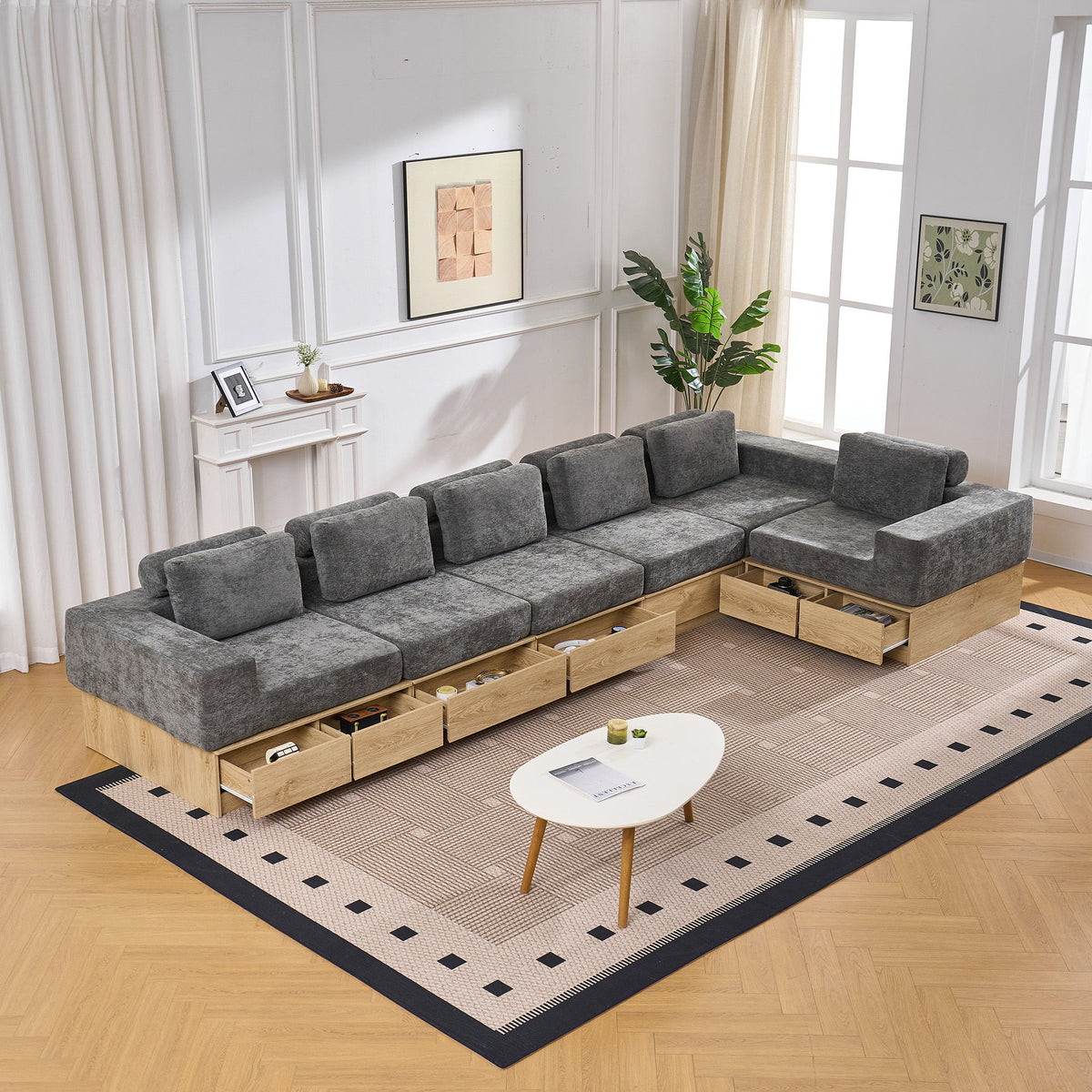 6-seat Modular Sectional Sofa with Storage Drawers, Multi-Functional L-Shaped Couch with Built-In Cabinet Base and Center Table Design, Convertible Combination Sofa Set, Modern Upholstered Sofa