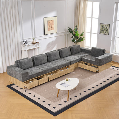 6-seat Modular Sectional Sofa with Storage Drawers, Multi-Functional L-Shaped Couch with Built-In Cabinet Base and Center Table Design, Convertible Combination Sofa Set, Modern Upholstered Sofa