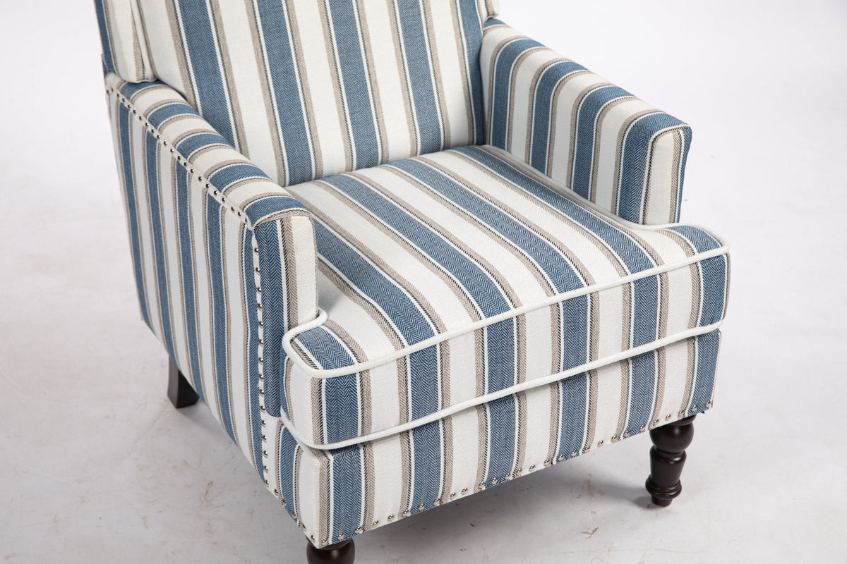 Upholstered Accent Chair, Vintage Armchair with Solid Wood Legs, Blue and White Striped Linen Fabric and Nailhead Trim for Living Room