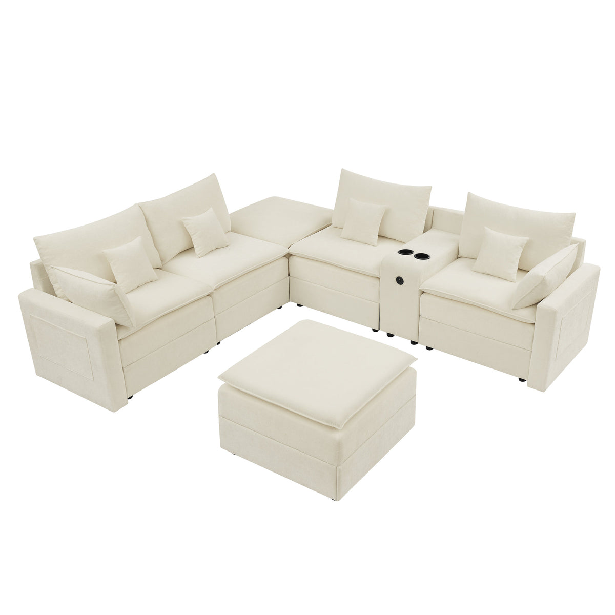 143.8'' U-shaped Modular Sectional Sofa with Center Console, Cup Holder, USB Charger,Movable Ottoman,Modern Comfy 4-6 Seater Chenille Cloud Couch for Spacious Living Room, Beige