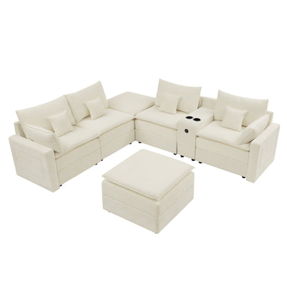 143.8'' U-shaped Modular Sectional Sofa with Center Console, Cup Holder, USB Charger,Movable Ottoman,Modern Comfy 4-6 Seater Chenille Cloud Couch for Spacious Living Room, Beige