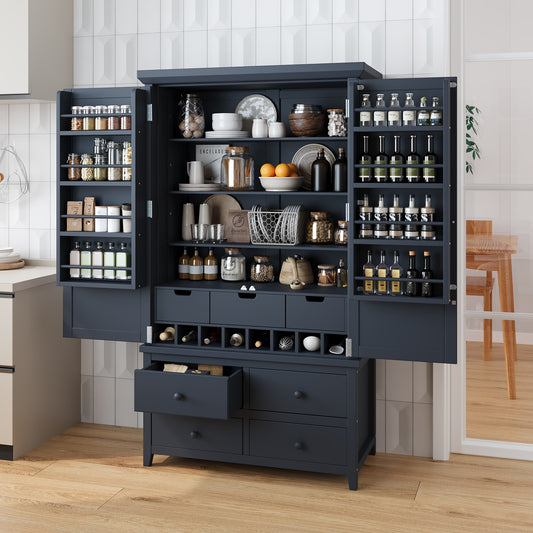 [Assembly&Show Video Available] TOPMAX Freestanding Large Kitchen Pantry Wooden Kitchen Storage Cabinet Cupboard with 8 Door Shelves,3 Adjustable Shelves,7 Drawers& 8 Wine Racks, Gray