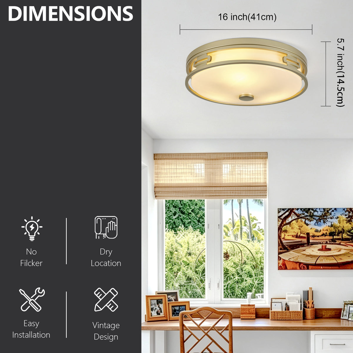 11.81" Flush Mount Ceiling Light, 2xE26 Max 60W Sockets, Gold Metal Frame with Frosted Acrylic Shade, Bulbs Not Included