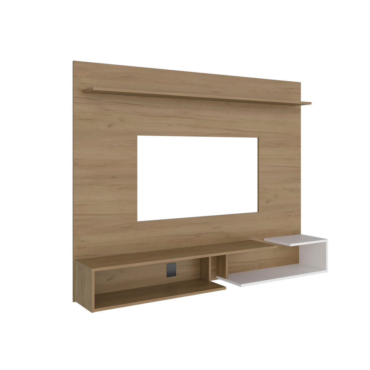 Colorado Wall Mounted TV Panel with Floating Media Console and Open Storage Shelves,Natural Oak