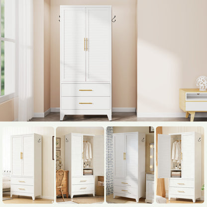 White Metal Wardrobe Closet with 2 Doors and Drawers, 71″ Tall Storage Cabinet, Lightweight Portable Closet for Small Apartments, Renters