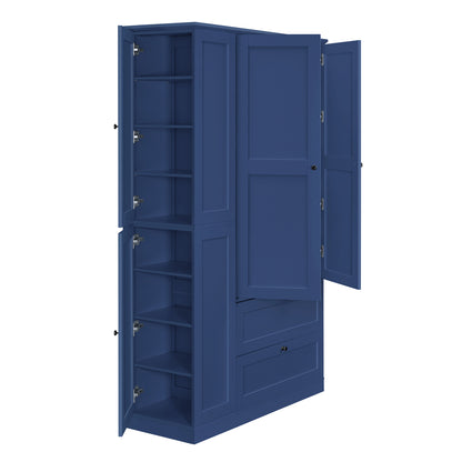 TOPMAX 73.6" Tall Farmhouse Kitchen Pantry Cabinet with 8 Shelves, 2 Drawers, 3 Pull-Out Trays, 4 Doors and Side Cabinets, Blue