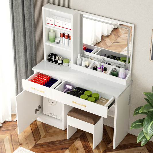 32'' Wide Makeup Vanity Desk with Lighted Mirror and Power Outlet, Dressing Table with Large Storage Space and Cushioned Stool for Bedroom & Studio