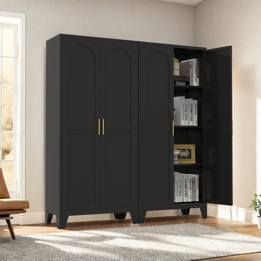 61'' 2 Shapely Doors Cabinet, Metal Storage Cabinet with Doors and Adjustable Shelves, for Bedroom, Living Room(Black)