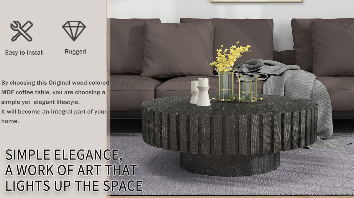 Modern minimalist circular black coffee table, 31.4-inch natural wood color and texture, space aesthetics suitable for easy assembly in living rooms, study rooms, and dining rooms