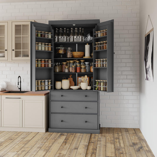 TOPMAX 77' Farmhouse Kitchen Pantry, Freestanding Tall Cupboard Storage Cabinet with 3 Adjustable Shelves, 8 Door Shelves, 3 Drawers for Kitchen, Dining Room, Gray (SP000047)