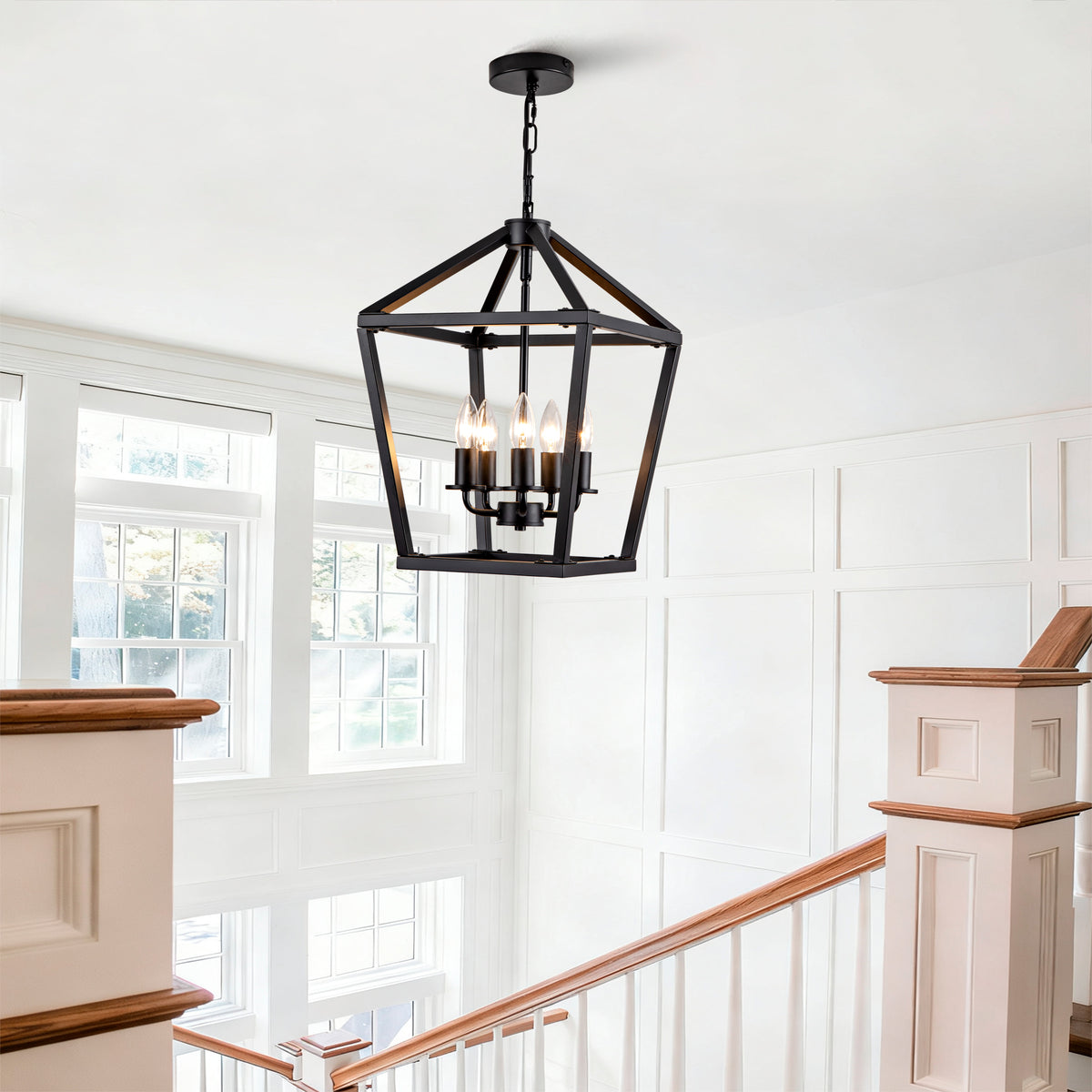 Farmhouse Lantern Chandelier 5-Light, Industrial Black Ceiling Light Fixture with Rustic Open Cage and Adjustable Hanging Height