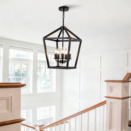 Farmhouse Lantern Chandelier 5-Light, Industrial Black Ceiling Light Fixture with Rustic Open Cage and Adjustable Hanging Height