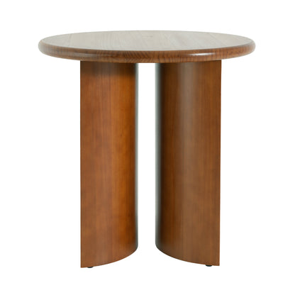 Walnut Finish Pine Wood Round Side Table with Unique Fan-Shaped Legs, Mid-Century Modern Accent End Table for Living Room