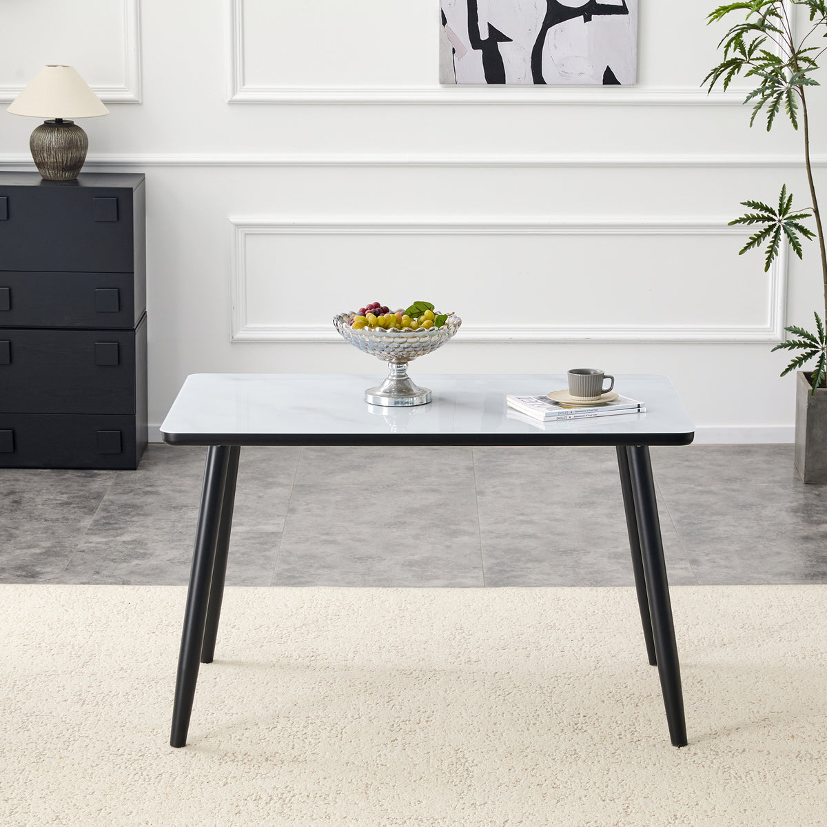 Modern minimalist rectangular dining table, suitable for 4-6 people. Tempered glass countertop+lower MDF board, imitation marble texture – Model W1151S04618
