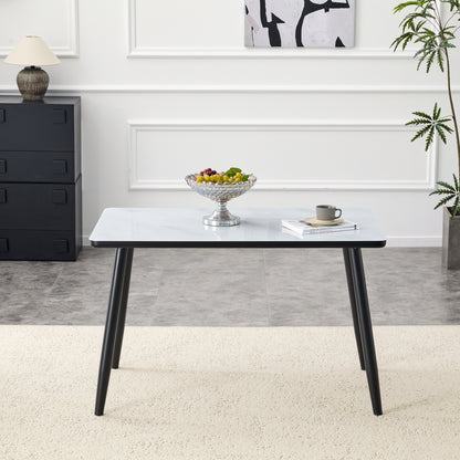 Modern minimalist rectangular dining table, suitable for 4-6 people. Tempered glass countertop+lower MDF board, imitation marble texture – Model W1151S04618