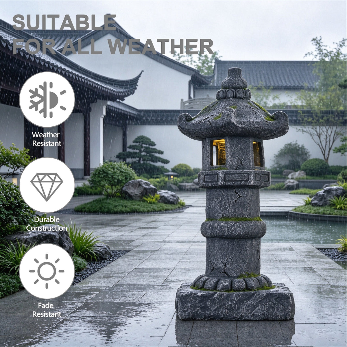 Magnesium Oxide Solar Pagoda Garden Statue with Warm LED Light, Oriental Stone Tower Lantern Outdoor Yard Patio Decor Ornament, Ideal Gift, 27.56'