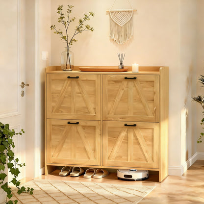 Light Oak Rustic Barn-Door Shoe Cabinet with 4 Flip Drawers, Sleek Space-Saving Entryway Organizer