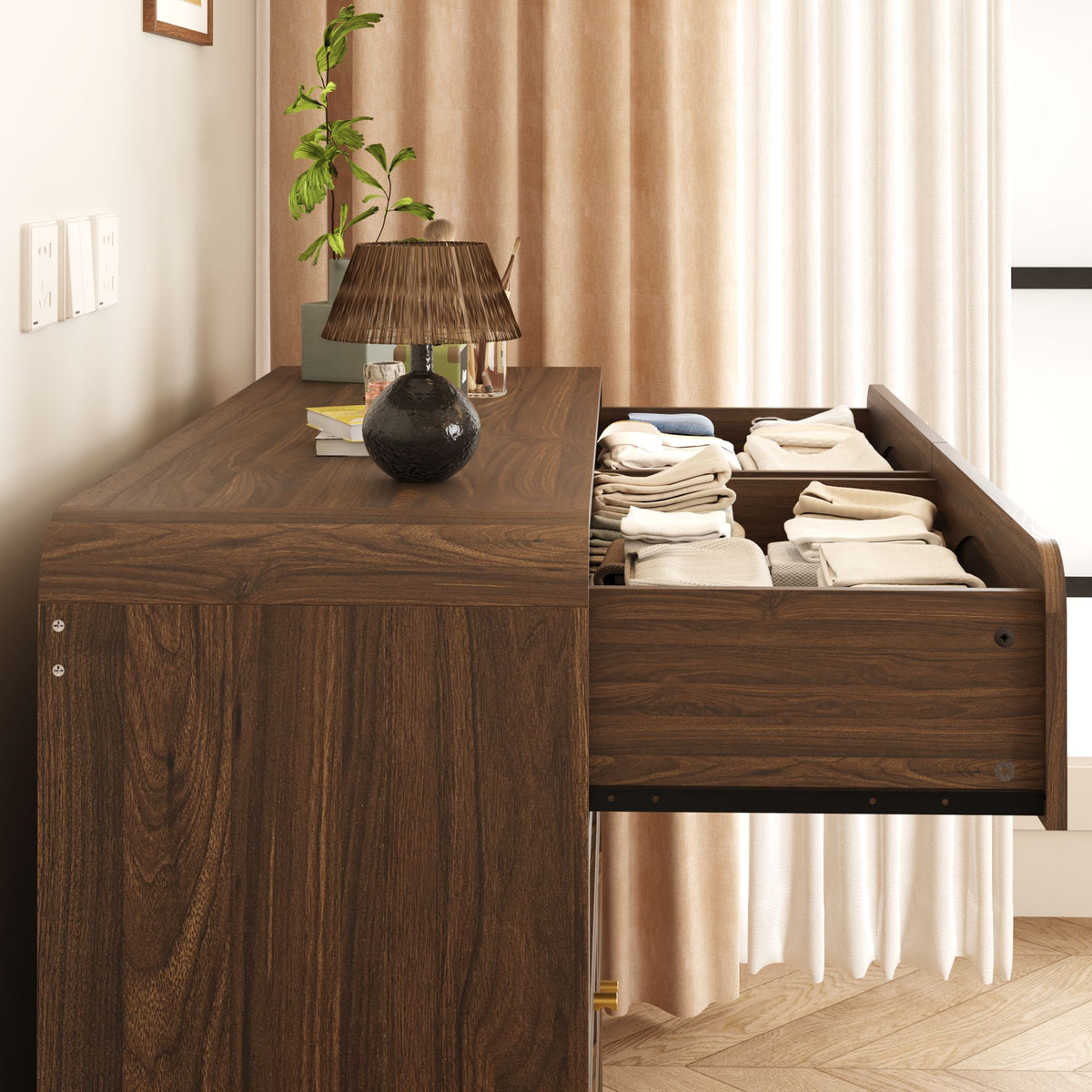 Walnut Finish 8‑Drawer Dresser with Rattan Front, Wide Particle Board Chest of Drawers, Modern Wooden Storage Cabinet