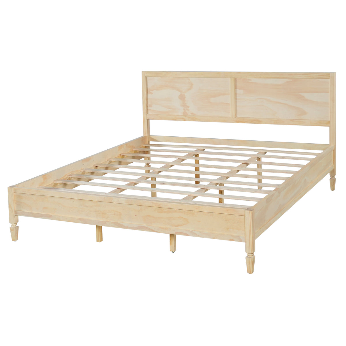 King Size Wood Platform Bed Frame with Classic Panel Headboard, Natural Finish, Solid Wood and MDF Construction, 10 Wooden Slats, No Box Spring Needed