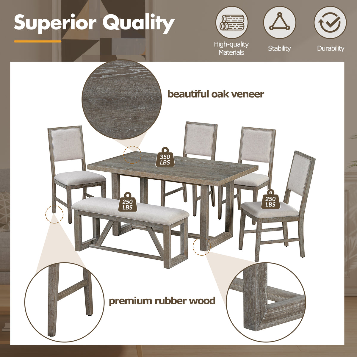 TREXM 6-Piece Retro Dining Table Set for 6, 60" Wood Kitchen Table and Chairs Set of 4 with Bench Designed Trestle Base - Gray – Oak