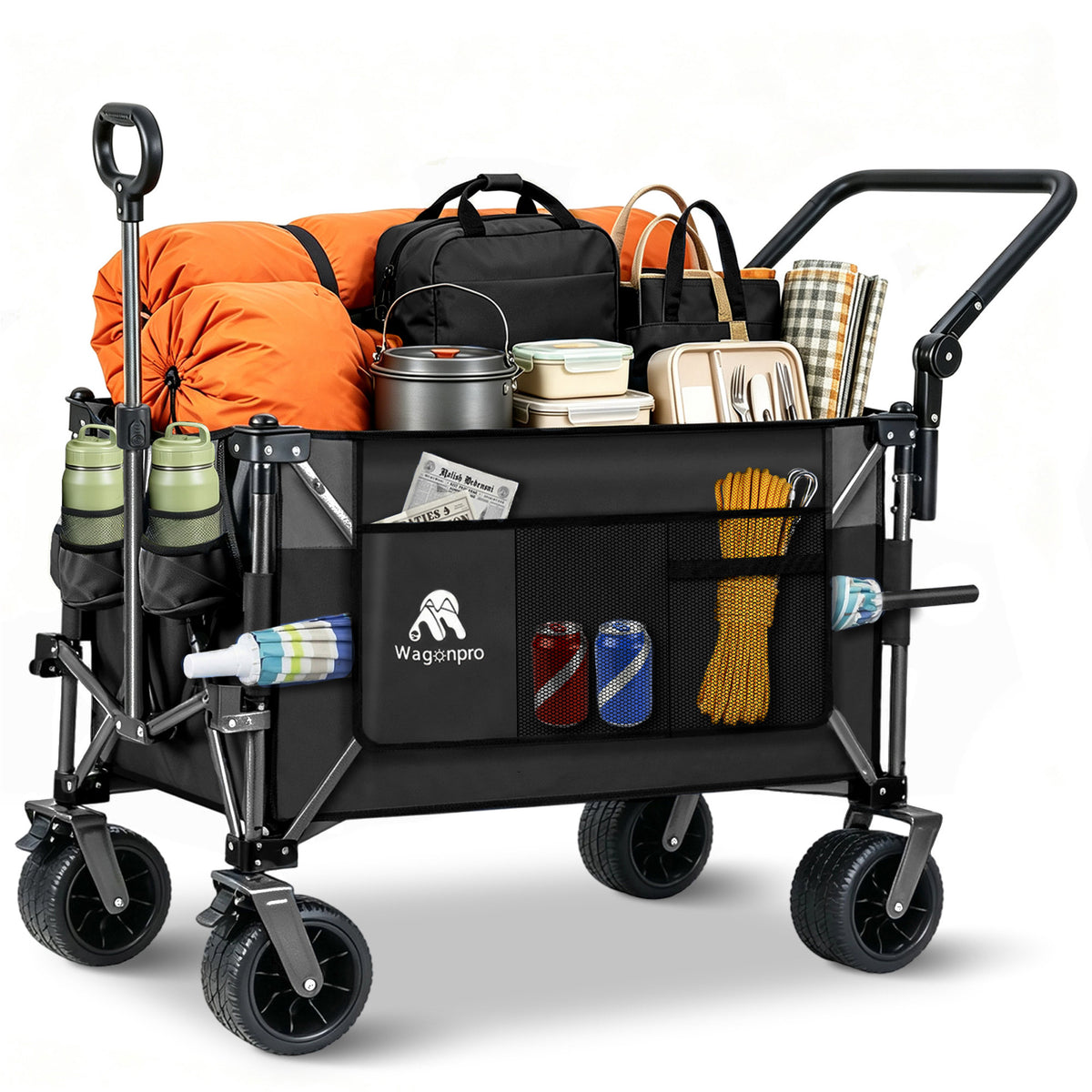 Multi-Functional Push-Pull Folding Wagon Cart with Rotating Handle & 360° All-Terrain Wheels – Heavy-Duty, Adjustable Design, Large Capacity for Transport, Groceries, and Outdoor Use,Black