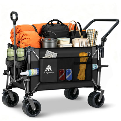 Multi-Functional Push-Pull Folding Wagon Cart with Rotating Handle & 360° All-Terrain Wheels – Heavy-Duty, Adjustable Design, Large Capacity for Transport, Groceries, and Outdoor Use,Black