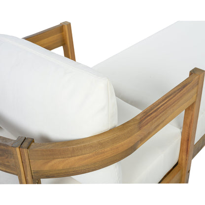 78" Acacia Wood Outdoor Chaise Lounge Chair with Curved Frame, Weather Resistant Patio Reclining Daybed with Thick Removable Cream Cushion, Single Arm Outdoor Lounger for Poolside, Backyard & Garden