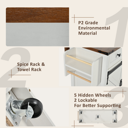 K&K 53.7" Farmhouse Kitchen Island with Power Outlet, 2 Sliding Barn Door Kitchen Storage Island with Drop Leaf – Model N707S170347W